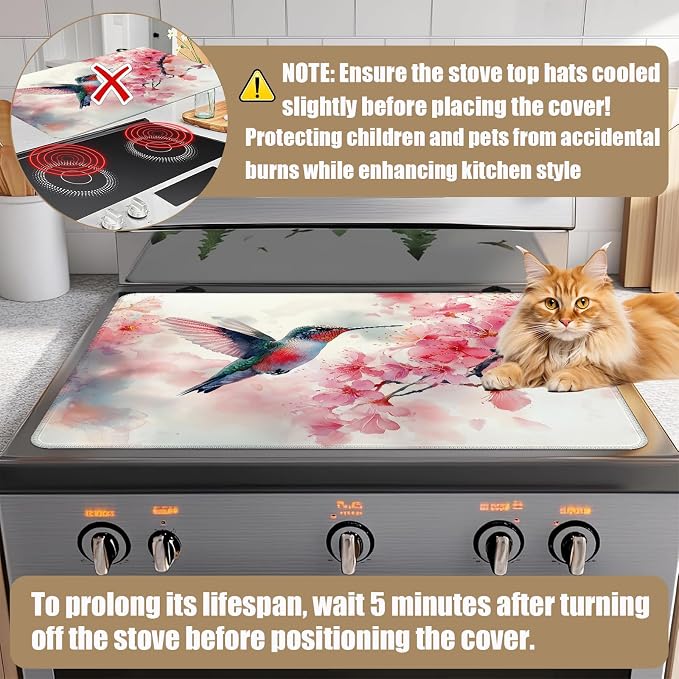HummingBird Cherry Blossom Stove Top Covers for Electric Stove, Spring Flower Electric Gas Stove Pad Heat Resistant Range Cooktop Protector for Home Decor Kitchen 28"x20"