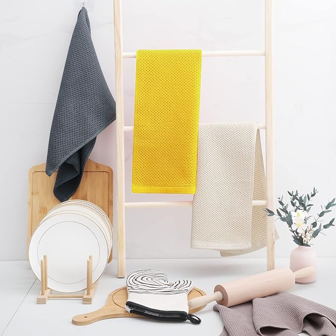 Homaxy 100% Cotton Waffle Weave Kitchen Dish Towels 4-Pack, Yellow | 13 x 28 Inches, Ultra Soft Absorbent Dish Towels, Quick Drying Cleaning Towels