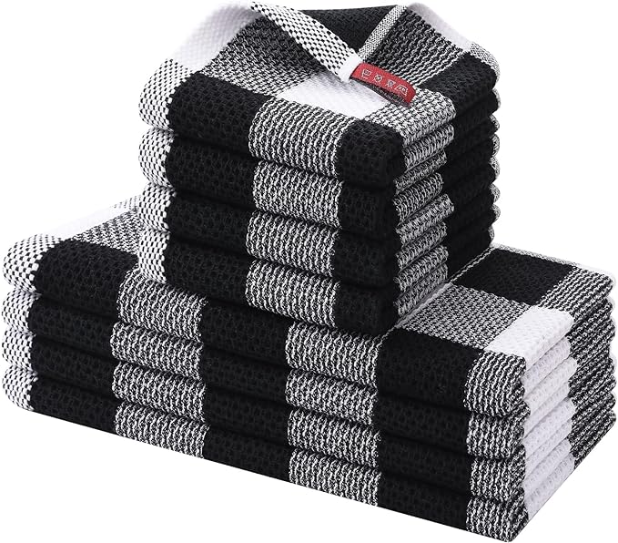 Homaxy Kitchen Towels and Dishcloths Set, Set of 8, White & Black | Bulk Cotton Waffle Weave Check Plaid Kitchen Towels, Super Soft and Absorbent Dish Cloths, 12 x 12 and 13 x 28 Inches