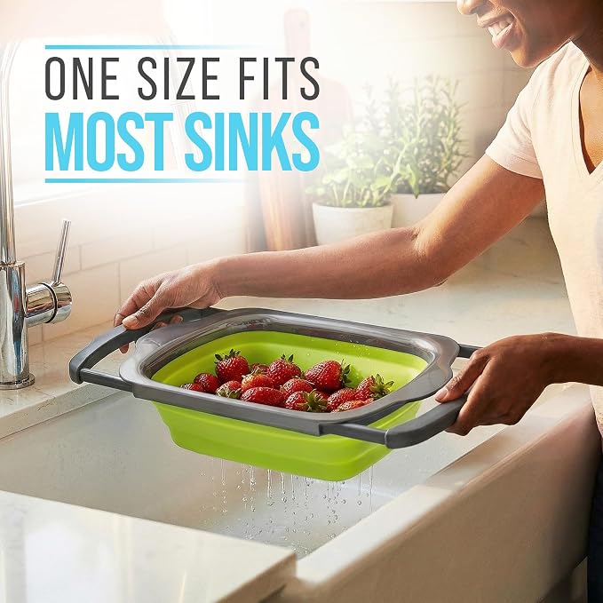Comfify Green XL Collapsible Silicone Over Sink Colander – 6 Quart | Green; extends 25" to span sink; both hands free; collapses flat; 6 Qt; heat resistant 176F; pasta, veg, fruit