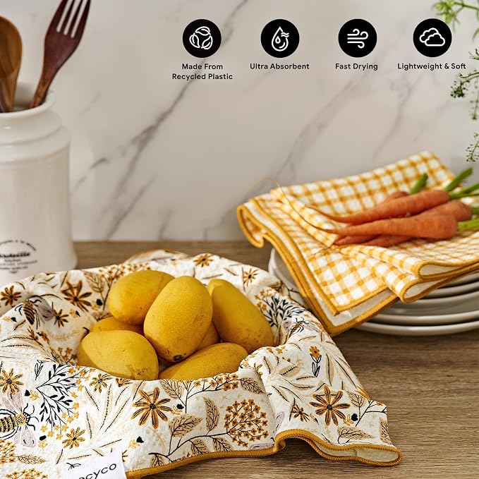 RECYCO Waffle Kitchen Towel Set of 2 - Quick Dry Microfiber Sustainable Dish Towels - Ultra Absorbent Reusable Cleaning Tea Towels - Lightweight Hand Towels,16”x 28”, Joyful Bees