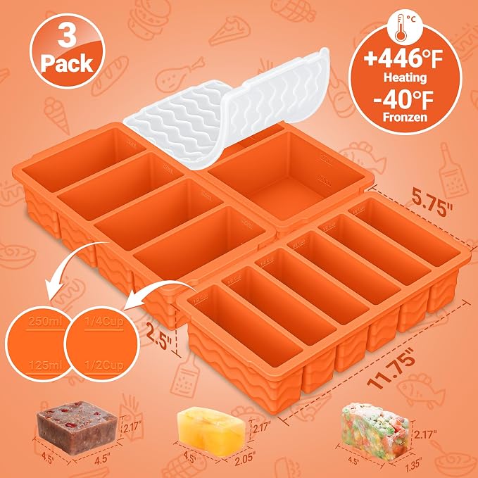 3-Pack Silicone Freezer Trays with Lid, Soup Freezer Container Molds | 2 Large 2-Cup, 4 Medium 1-Cup, 6 Small 1/2-Cup, BPA Free, Ice Cube Tray for Soup, Stews, Sauces, Meal Prep, Broth, Leftovers