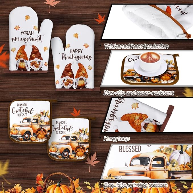 Fourluoo 10 Pcs Fall Pumpkin Kitchen Decor Set for Gift Cooking | Includes 4 Microfiber Towels, 2 Polyester Rugs and Pot Holders, Plus Foam Insulated Oven Mitts for Daily Kitchen Tasks