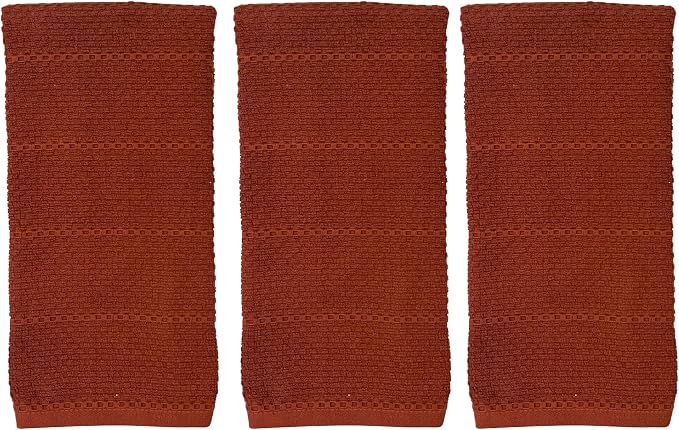 Cinnamon Maroon Rust Kitchen Dish Towels, Set of 3, 100% Cotton, 18" x 28" | Terry Loop Textured, Soft & Absorbent Cleaning Cloth, Quick Dry, Multipurpose for Everyday Use
