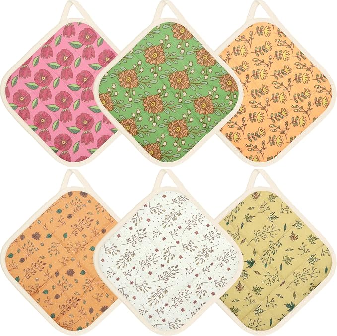 6 Pack Pot Holders 100% Cotton Heat Resistant Potholder, Machine Washable Pot Holder, Hot Pads, Table Pads for Cooking Baking (H)