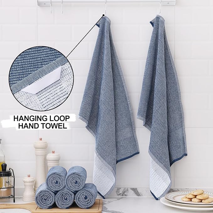 Homaxy 380 GSM Cotton Premium Kitchen Towels 8 Pack, 18"x 28", Navy Blue | Flat and Terry Dish Towels, Highly Absorbent Tea Towel Set with Hanging Loop, Soft Utility Kitchen Hand Towels