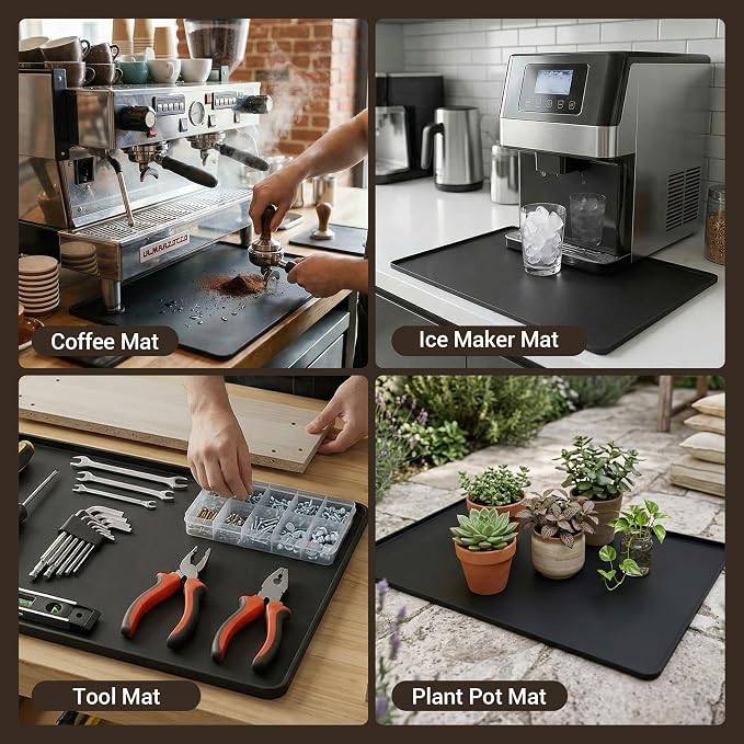 ZJWZLG Silicone Coffee Mat for Countertop, 24x16 inch - Heat Resistant Espresso Machine Mat with Raised Edge, Non-Slip Waterproof Station Pad, Compact Coffee Bar & Kitchen Accessories - Black