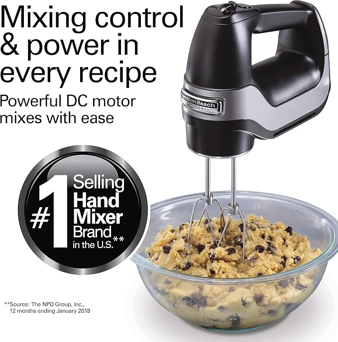 Hamilton Beach Professional 5-Speed Electric Hand Mixer | High-Performance DC Motor | Slow Start | Snap-On Storage Case | Stainless Steel Beaters & Whisk | Black | 62651