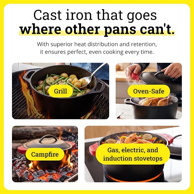 Lodge Cast Iron Dutch Oven 5 Quart - Loop Handle Cooking Vessel - Even Heat Retention - Oven-Safe, Versatile Pot - Handle Holders Included