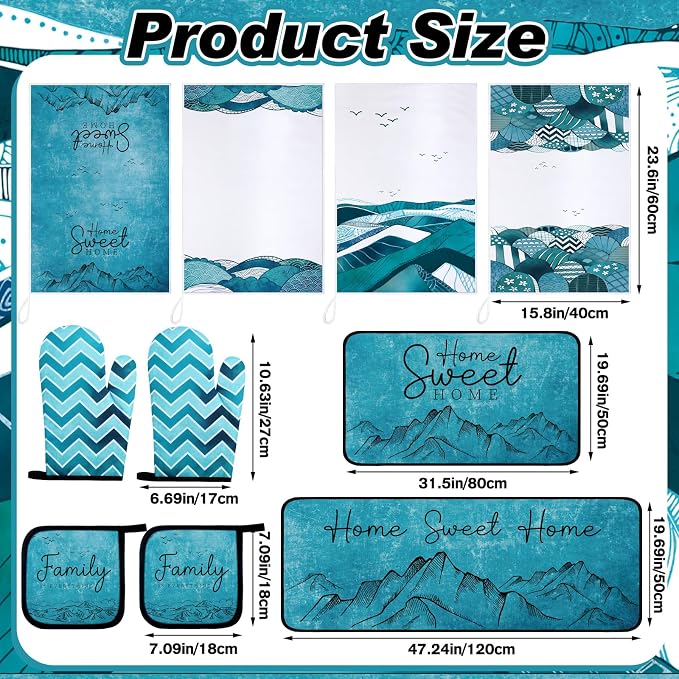 Fourluoo 10 Pcs Landscape Kitchen Dish Towels Rugs Oven Mitts and Pot Holders Set Farmhouse Kitchen Decor Set for Women Mom Daughter Gift Cooking Baking Grilling (Ocean Green)
