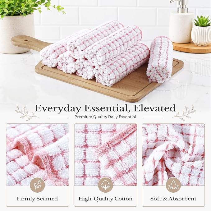 Homaxy 16 Pack Terry Kitchen Dish Cloths, 12"x12", Pink | Super Soft and Absorbent Dish Rags, Quick Drying Reusable Dish Towels for Washing Dishes