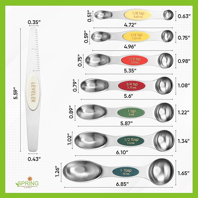Spring Chef Stainless Steel Magnetic Measuring Spoons Set of 8, Very Merry | Dual Sided Metal Teaspoon & Tablespoon Measuring Spoons with Leveler for Dry & Liquid Ingredients, Fits in Kitchen Spice Jars