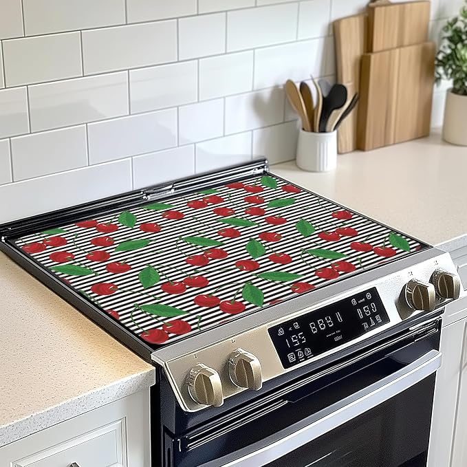 Stove Top Cover for Electric, Glass Ceramic Cherry Stripes Stove Cover, Heat Resistant Flat Stovetop Protector, Dish Drying Mats for Kitchen