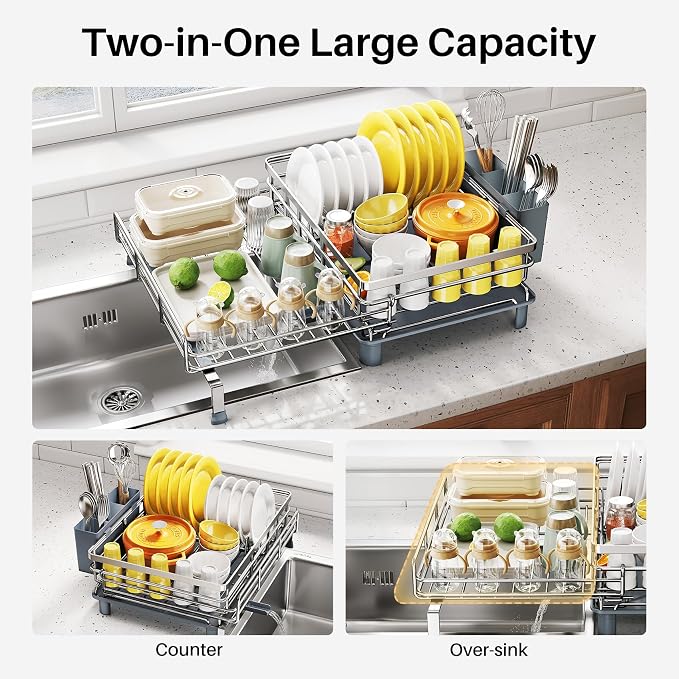 Expandable Dish Drying Rack for Kitchen Counter, Stainless Steel, Silver | Foldable Over Sink, Large Capacity, Adjust to Fit Most Sinks, Angled Drainboard, Removable Utensil Holder, Slip Resistant