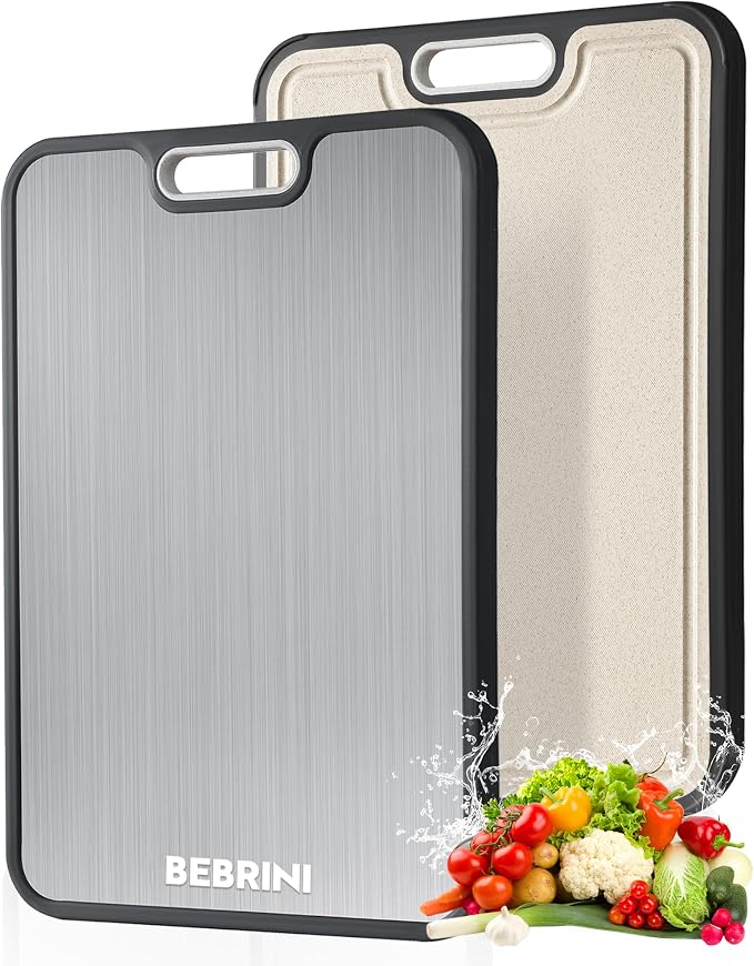 Stainless Steel Cutting Board for Kitchen, Non Toxic Double Sided Cutting Board, Food Grade Pure Stainless Steel & Wheat Straw PP, Meat & Vegetable Chopping Boards, Scratch Resistant, Large 16”×11”