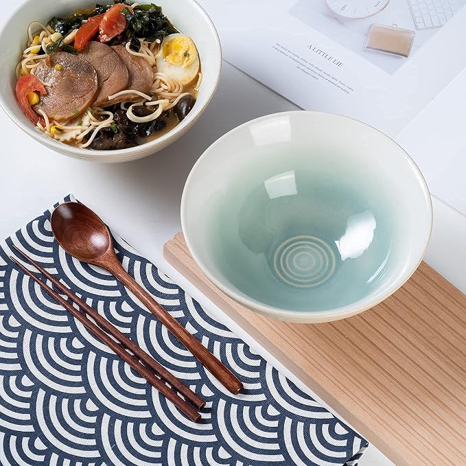 Ceramic Japanese Ramen Bowl Set, 2 Sets Asian Pho Udon Soup Noodle Bowls with Spoons and Chopsticks (Green, 8 inches)
