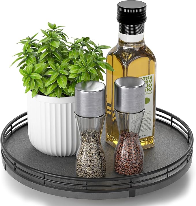 AMH10-Inch Natural Slate Lazy Susan with Black Raised Iron Rim | Smooth rotating oak tray with walnut finish for dining tables, kitchen counters, pantries and cabinet storage.