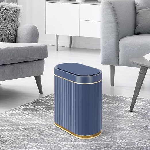 ELPHECO 2 Gallon Sensor Trash Can, Automatic Lid, Midnight Blue Gold | IPX5 Waterproof Bathroom Trash Bin, Slim Garbage Can, Plastic Wastebasket for Office, Bedroom and Kitchen