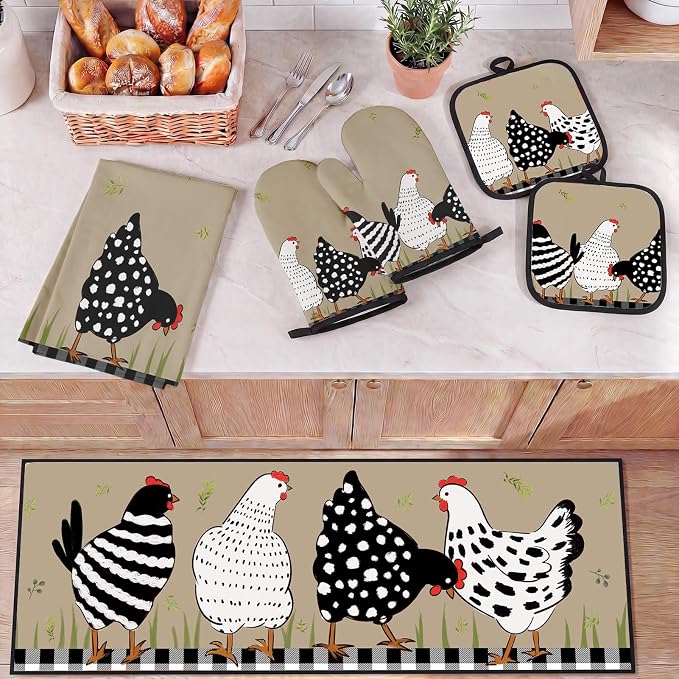 10 Pcs Kitchen Decor and Accessories Set, Chicken Country Rustic | Rooster 4 Dish Towels Kitchen Rugs 2 Oven Mitts 2 Pot Holders, Home Decor for Cooking Baking BBQ Gifts Women Mom Housewarming