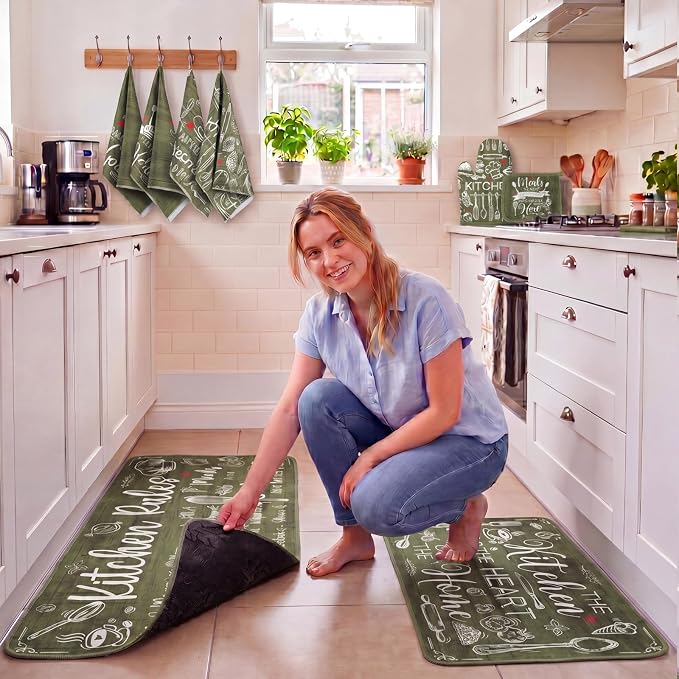 Fourluoo 10 Pcs Sage Green Kitchen Decor Farmhouse Oven Mitts and Pot Holders Sets Green Dish Towels Rustic Vintage Kitchen Rugs Mats for Women Home Decorations Baking Cooking Birthday Summer Gifts