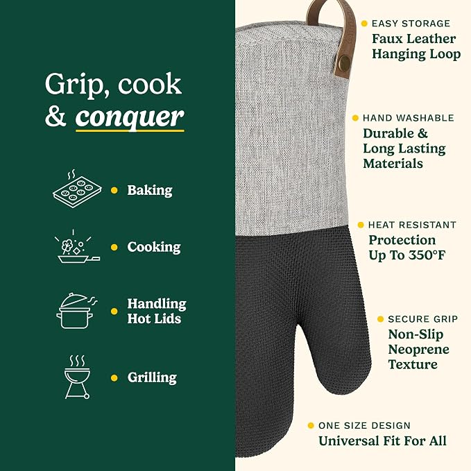 Cuisinart Heritage Kitchen Oven Mitts, Heat-Resistant, 2-Pack, 7"x13" | Non-slip neoprene palm grips up to 350°F, long cuff shields forearms, hang loop for storage, handles cast iron and grilling