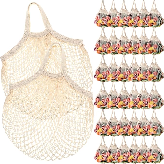 Paterr 36 Pack Cotton Mesh Produce Bags Bulk,Short Handle,Beige | Reusable Mesh Grocery Bags Bulk, Washable Net Market Tote String Shopping Bags, for Vegetable Fruit Beach Picnic Food Storage