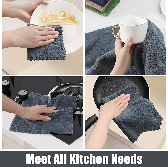 Homaxy Super Soft 12 Pack Kitchen Towels and Dishcloths Set, Dark Grey | Ultra-Absorbent, 10 x 10 and 13 x 19 Inches, Coral Velvet, No Lint, Nonstick Oil, Fast Drying, Microfiber Cleaning Cloth