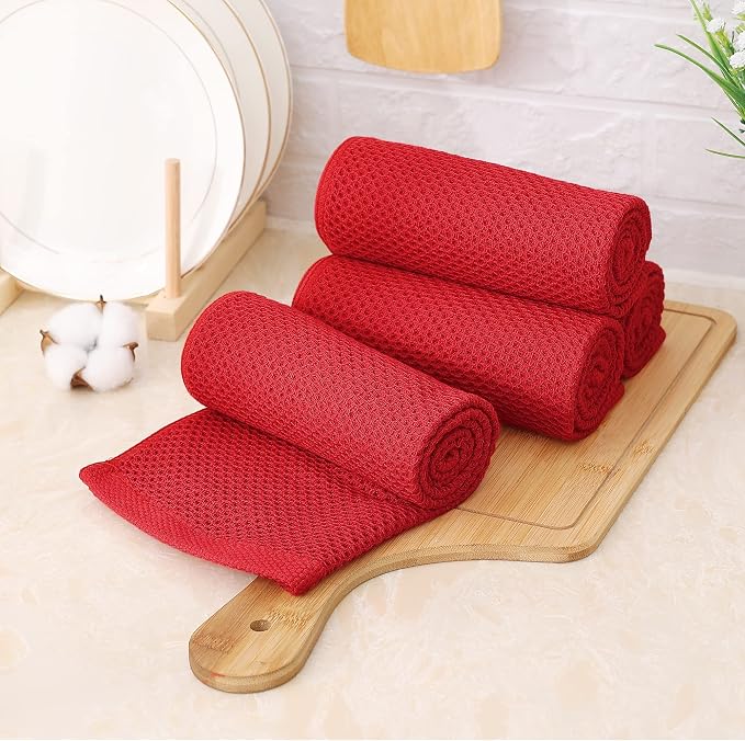 Kitinjoy 100% Cotton Waffle 4-Pack Kitchen Towels, 13" x 28", Red | Super Soft, Ultra-Absorbent, Fast Drying, lightweight, Quick Drying Kitchen Hand Towels
