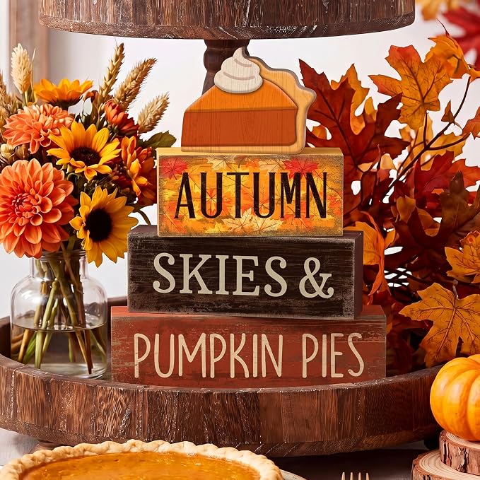 Lineshading 3 Pcs Fall Table Decor, Pumpkin Pie Wood Block Sign Home Tray | Pumpkin Pie Slice Wood Block Sign, Fall Harvest Tiered Tray Centerpiece, Rustic Autumn Home Decor, Kitchen Shelf Display