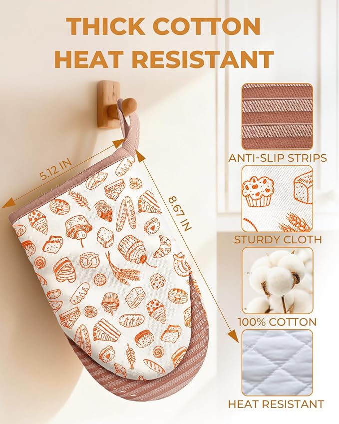 100% Thick Cotton Mini Oven Mitts with Silicone Grip Bakery Bread | Girly Cute Oven Mitts for Women, Machine Washable, Non-Slip, Reversible Design Fits Both Hands, Stylish Kitchen Decor