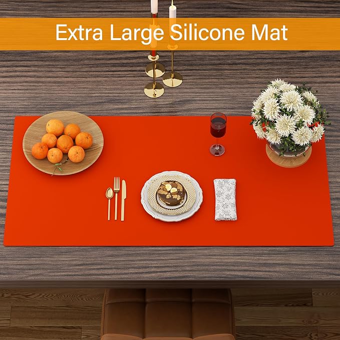 Silicone Protector Mat 47x24 Inch,Orange | 1.3mm silicone mat, heat resistant, non-slip & waterproof. Ideal for baking, painting, resin, welding and table protection.