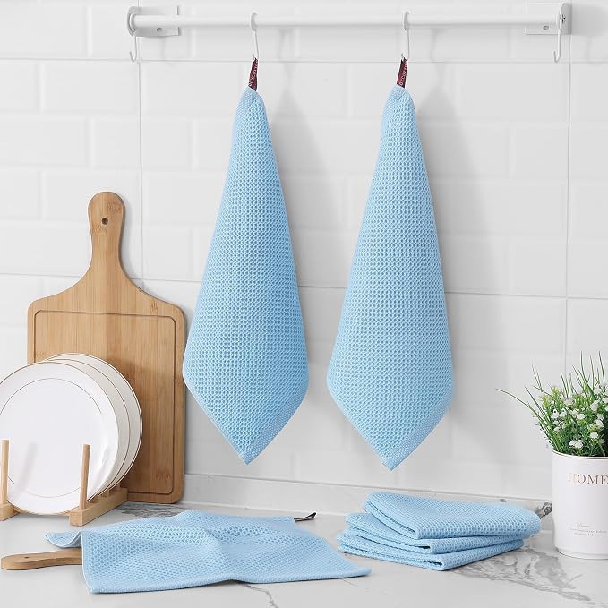 Kitinjoy 100% Cotton Waffle 6-Pack Kitchen Towels, 12" x 12", Sky Blue | Ultra Absorbent, Super Soft, lightweight, Quick Drying Dish Rags for Washing Dishes