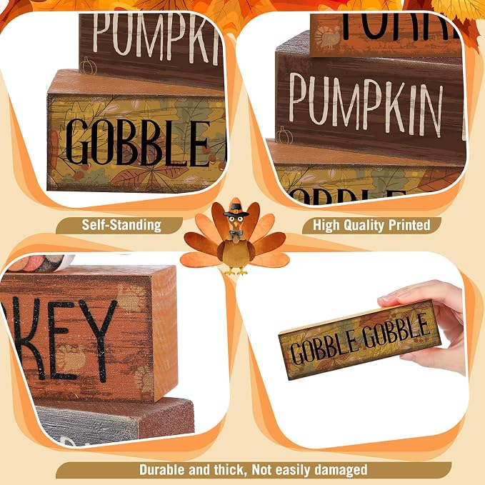Lineshading 4 Pcs Thanksgiving Turkey Decor Wooden Fall Table Decorations | Rustic Block Signs with Turkey Pumpkin Pie Gobble Text, Autumn Harvest Table Centerpiece, Farmhouse Kitchen Shelf Decor
