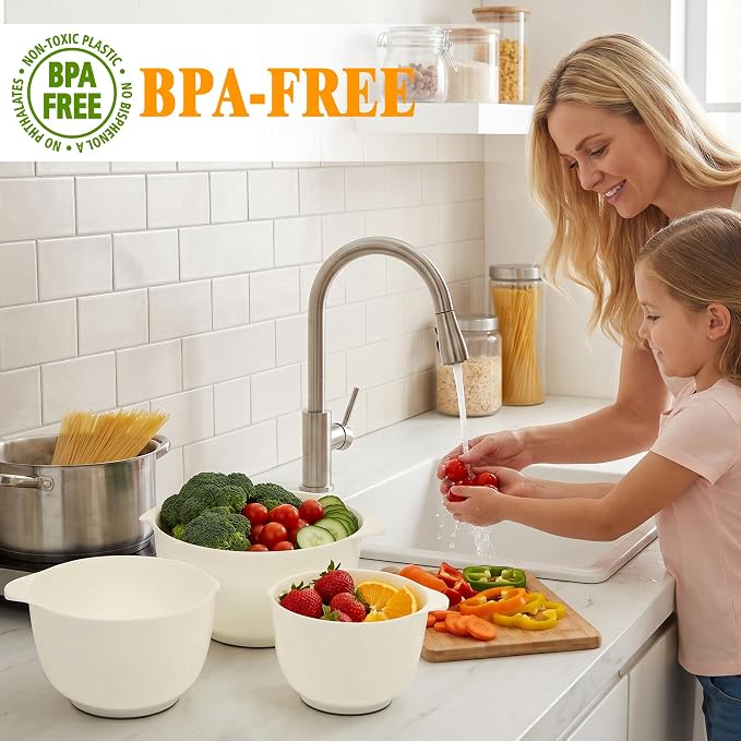 BoxedHome 4.5 Quart Large Plastic Mixing Bowls set with Pour Spout, Beige | BPA-Free Plastic, Microwave & Dishwasher Safe, 4-Piece (1.7, 2.5,3.5 & 4.5 Qt),Nesting Bowls for Space Saving Storage