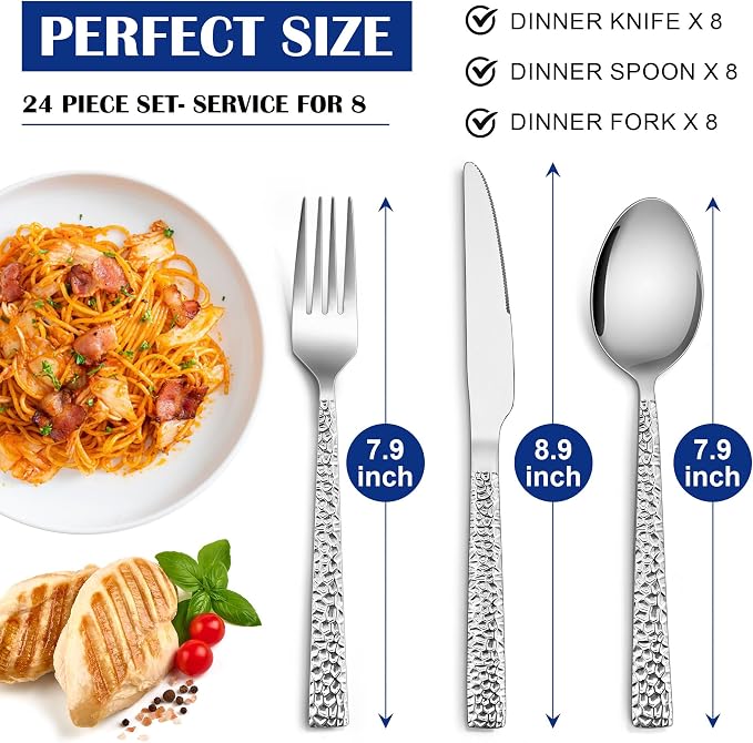 E-far 24-Piece Hammered Silverware Set, Stainless Steel Flatware Set for 8 | Mirror Polished Forks Spoons and Knives Utensils, Square Cutlery Set for Home Kitchen Restaurant, Dishwasher Safe