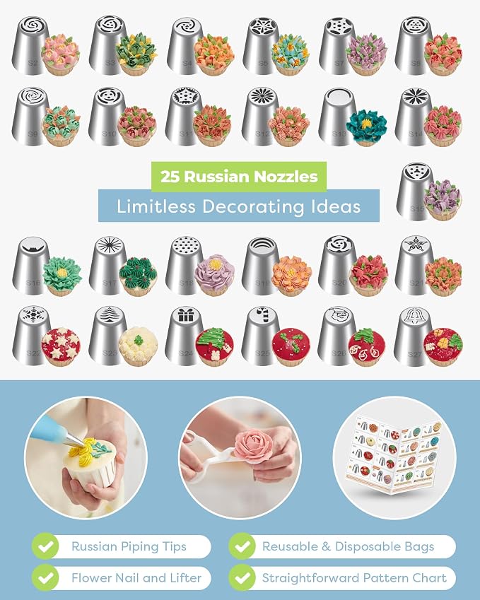 Kootek 90 Russian Piping Tips Set Frosting Piping Kit for Beginners & Pros | Piping Bags and Tips Set, Cake Decoarting Supplies Kit, 25+15 Piping Tip, 30+1 Pastry Bag, for Cupcake Cookie Cake Decorating