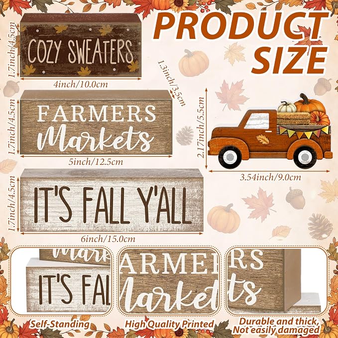 Lineshading 4 Pcs Fall Wooden Block Table Decor Stacked Signs Truck Topper | Rustic Farmhouse Tiered Tray Decoration, Sayings Cozy Sweaters Farmers Markets Its Fall Yall, Autumn Tabletop Centerpiece