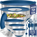 6Pc Stainless Steel Mixing Bowls with Lids Set, Huge 7 Qrt Size Metal Bowl Set for Kitchen, 3 Graters, Non-Slip Bases & Silicone Utensils Set, Blue