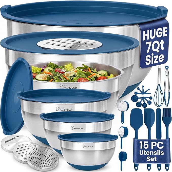 6Pc Stainless Steel Mixing Bowls with Lids Set, Huge 7 Qrt Size Metal Bowl Set for Kitchen, 3 Graters, Non-Slip Bases & Silicone Utensils Set, Blue