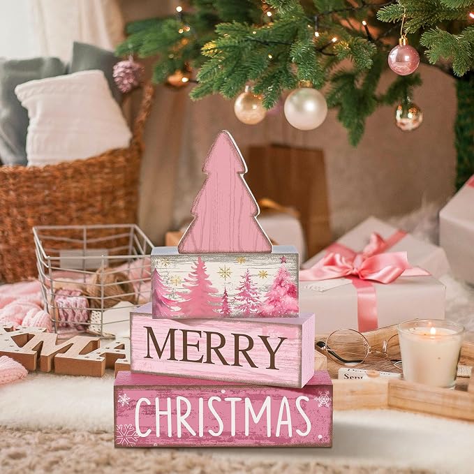 Lineshading 4 Pcs Wooden Merry Christmas Block Signs Pink Farmhouse Decor | Rustic Signs for Tiered Tray, Tabletop Centerpiece, Holiday Theme Display, Tree Shape Topper Included, Gift Ready
