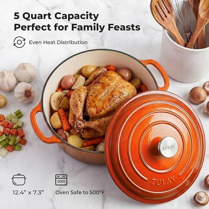 Zulay Kitchen 5 Quart Enameled Cast Iron Dutch Oven Pot with Lid – Premium Durability & Oven Safe up to 500°F – Heavy Duty Cookware Perfect for Bread Baking, Stews, Braising & Roasting – Orange