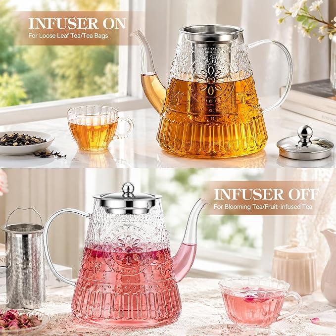 1500ml/52oz Large Glass Teapot, Zpose Vintage Tea Pot with Infuser for Loose Tea, Stovetop Glass Tea Kettle with strainer for 6-7 Cups