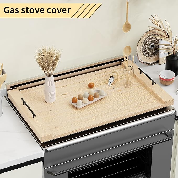 Oak-colored Wood Noodle Board Stove Cover with Handles - 30x22 inch Stove Top Cover for Gas Burners, Decorative Wooden Stove Topper for Electric Range, Extra Counter Space for Farmhouse Kitchen