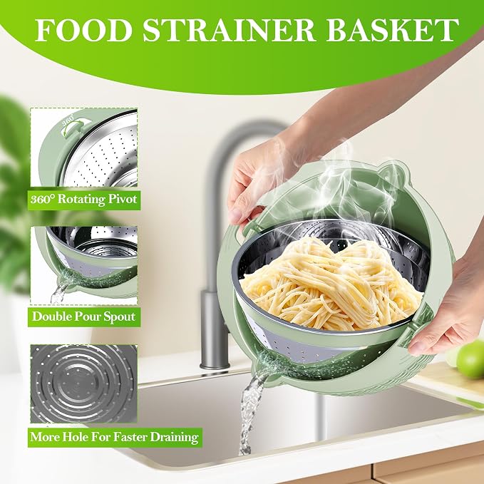 4 in 1 Colander with Bowl Set, Food Strainers and Colanders, Colander for Kitchen, Pasta Strainer, Fruit Washing Bowl, Kitchen Essentials Strainer Basket Bowl, Green, Christmas & New Year Gifts