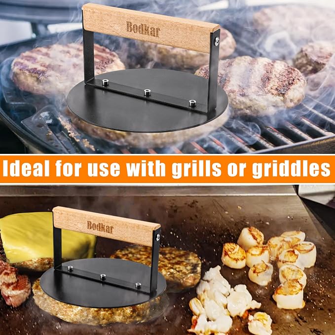 bodkar Smash Burger Press 6 inch, Round Burger Smasher Grill Press for Griddle Bacon Press Meat Steak Press with Wood Handle | for Griddle Bacon Press Meat Steak Press with Wood Handle