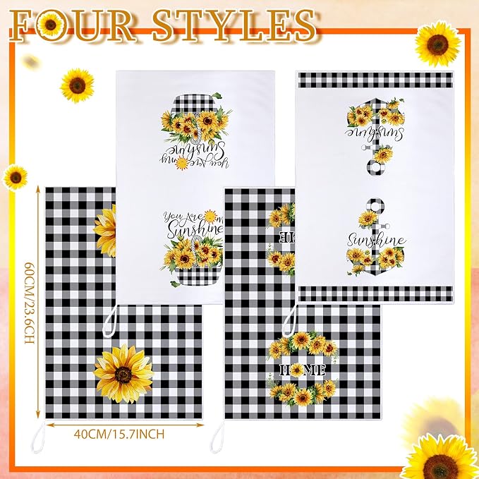4 Pcs Sunflower Kitchen Towels Set, Hand Tea Towels Gifts | Absorbent Fast Drying Dish Clothes Yellow Black White Plaid Decor Housewarming Gift for Cooking Bathroom Kitchen Decor