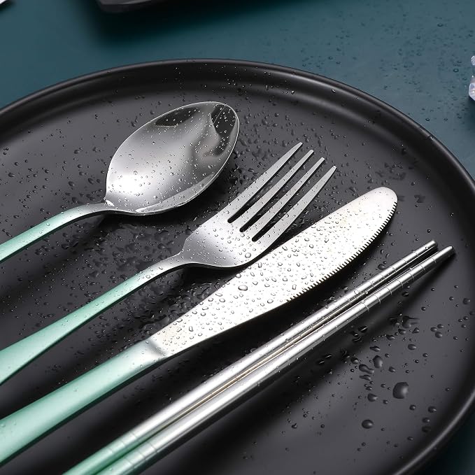 Travel Utensils,Reusable Silverware Set To Go Portable Cutlery Set with a Waterproof Carrying Case for Lunch Boxes Workplace Camping Picnic (GraGreen)
