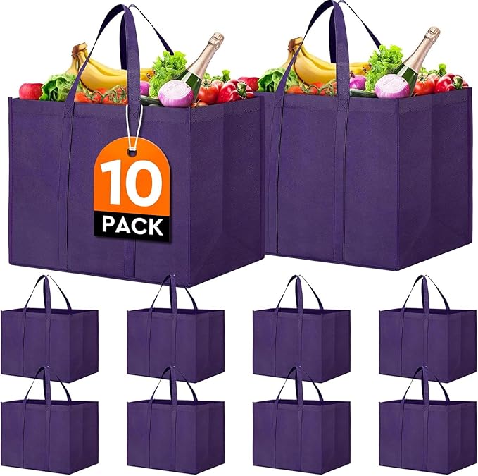 Reusable Grocery Shopping Bags 10 Pack Large Foldable Tote Bags Bulk | Eco Produce Bags with Long Handle for Shopping Groceries Clothes (Purple)
