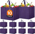 Reusable Grocery Shopping Bags 10 Pack Large Foldable Tote Bags Bulk | Eco Produce Bags with Long Handle for Shopping Groceries Clothes (Purple)