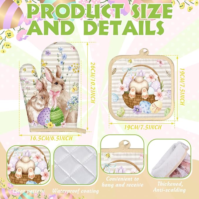 SiliFine 12 Pcs Easter Kitchen Accessories Set Easter Bunny Egg Oven Mitts Pot Holders Kitchen Towels He is Risen Christian Religious Decorations for Home Accessories, Cooking Baking Gifts